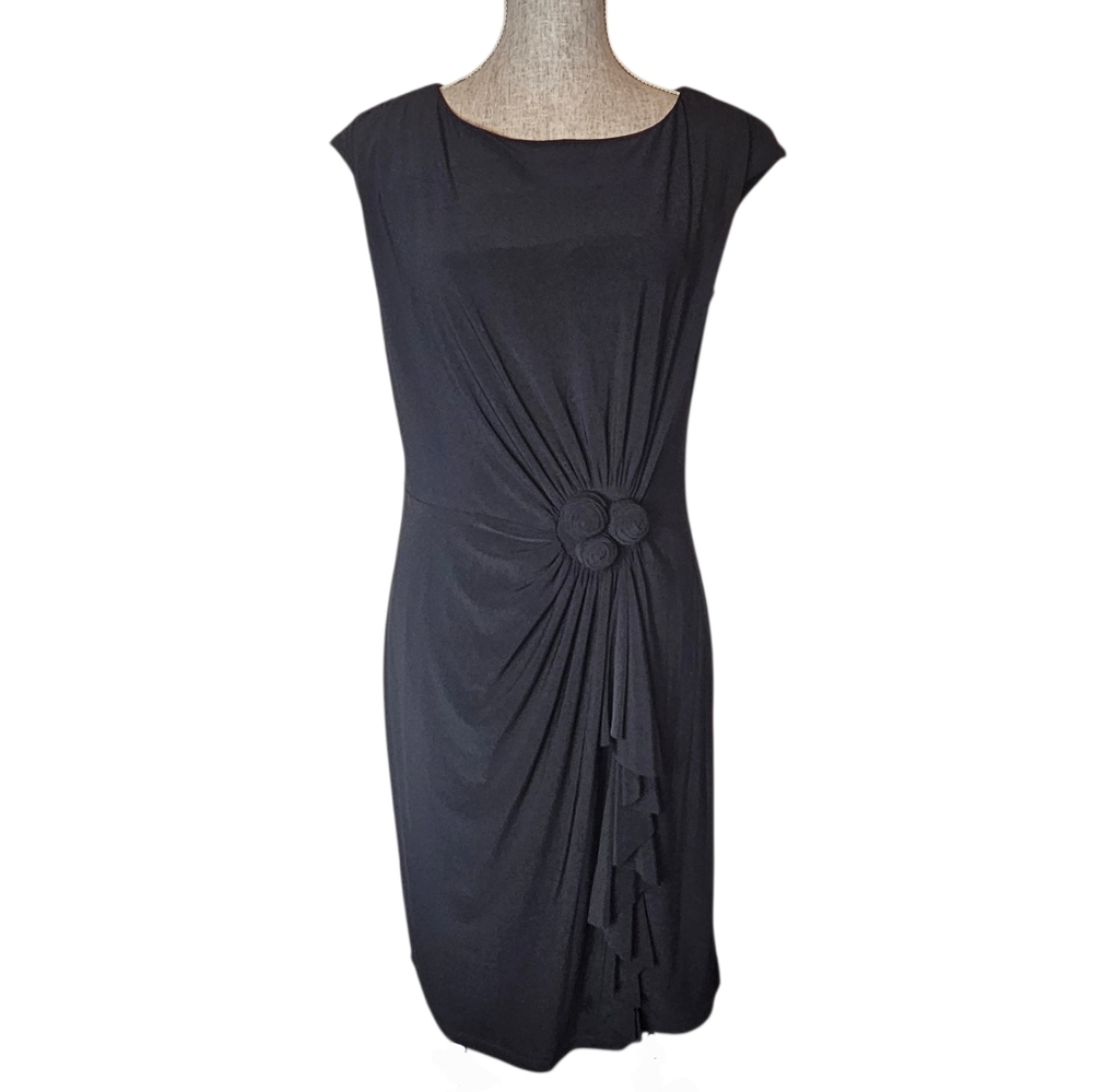 LBD Black Ruched Dress Size 12 Rosette Evening Wedding Guest Stretch Minimalist